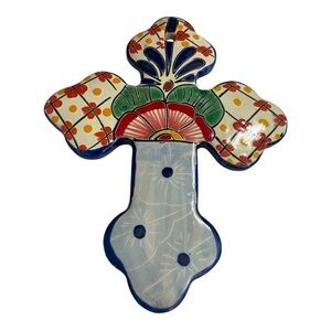 Mexican Pottery Talavera Cross Folk Art Ceramic Cross Crucifixes Wall 8” x 6.5”